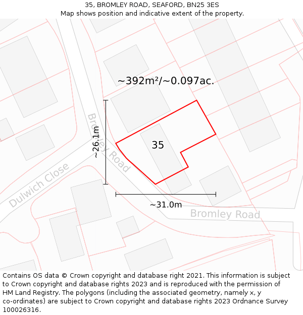 35, BROMLEY ROAD, SEAFORD, BN25 3ES: Plot and title map