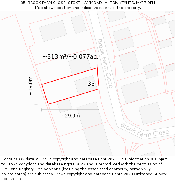 35, BROOK FARM CLOSE, STOKE HAMMOND, MILTON KEYNES, MK17 9FN: Plot and title map
