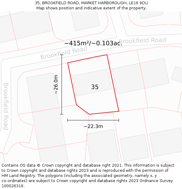 35, BROOKFIELD ROAD, MARKET HARBOROUGH, LE16 9DU: Plot and title map