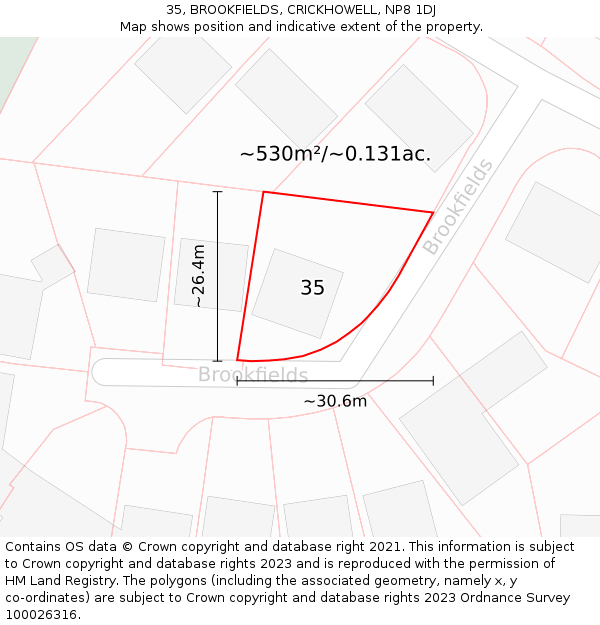 35, BROOKFIELDS, CRICKHOWELL, NP8 1DJ: Plot and title map