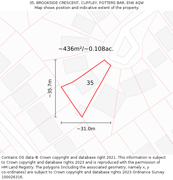 35, BROOKSIDE CRESCENT, CUFFLEY, POTTERS BAR, EN6 4QW: Plot and title map