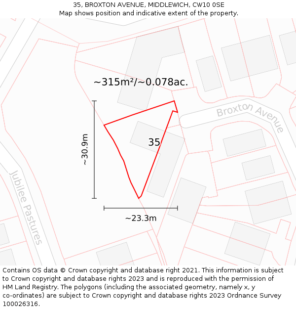 35, BROXTON AVENUE, MIDDLEWICH, CW10 0SE: Plot and title map