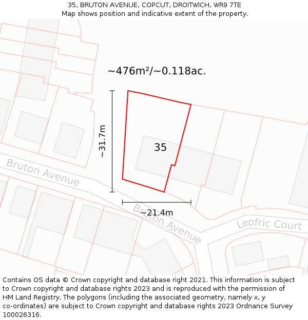 35, BRUTON AVENUE, COPCUT, DROITWICH, WR9 7TE: Plot and title map
