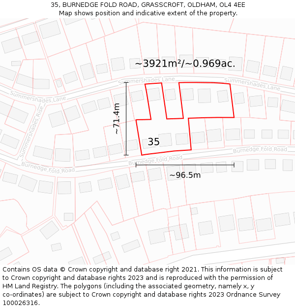 35, BURNEDGE FOLD ROAD, GRASSCROFT, OLDHAM, OL4 4EE: Plot and title map