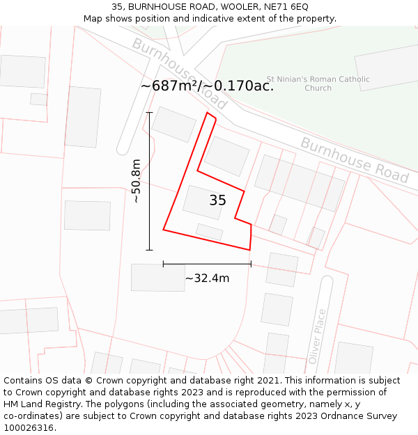 35, BURNHOUSE ROAD, WOOLER, NE71 6EQ: Plot and title map