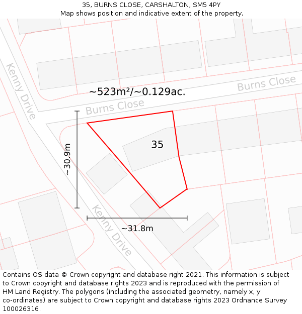 35, BURNS CLOSE, CARSHALTON, SM5 4PY: Plot and title map