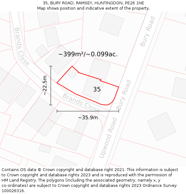 35, BURY ROAD, RAMSEY, HUNTINGDON, PE26 1NE: Plot and title map