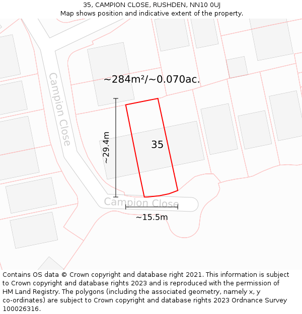 35, CAMPION CLOSE, RUSHDEN, NN10 0UJ: Plot and title map