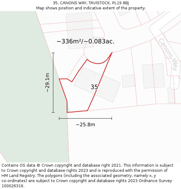 35, CANONS WAY, TAVISTOCK, PL19 8BJ: Plot and title map