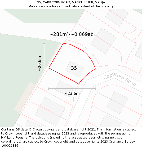 35, CAPRICORN ROAD, MANCHESTER, M9 7JA: Plot and title map