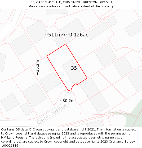 35, CARBIS AVENUE, GRIMSARGH, PRESTON, PR2 5LU: Plot and title map