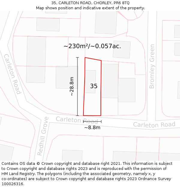 35, CARLETON ROAD, CHORLEY, PR6 8TQ: Plot and title map