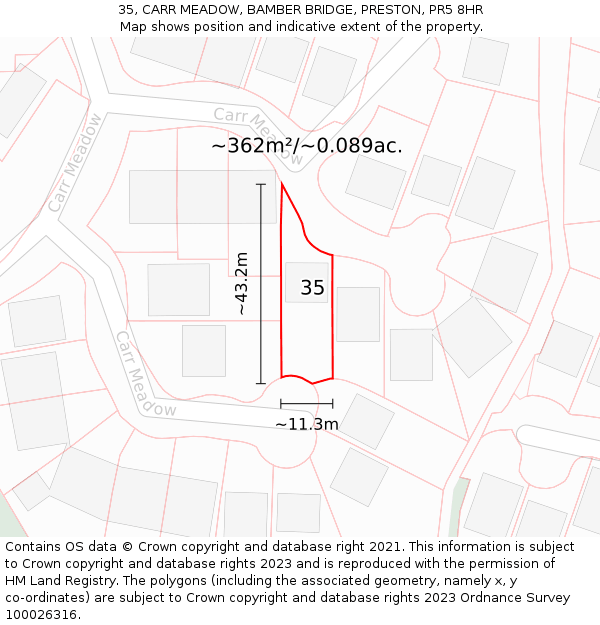 35, CARR MEADOW, BAMBER BRIDGE, PRESTON, PR5 8HR: Plot and title map