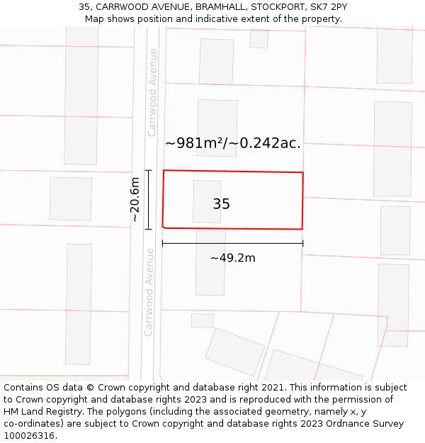 35, CARRWOOD AVENUE, BRAMHALL, STOCKPORT, SK7 2PY: Plot and title map