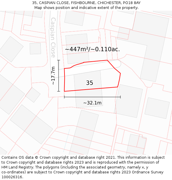 35, CASPIAN CLOSE, FISHBOURNE, CHICHESTER, PO18 8AY: Plot and title map