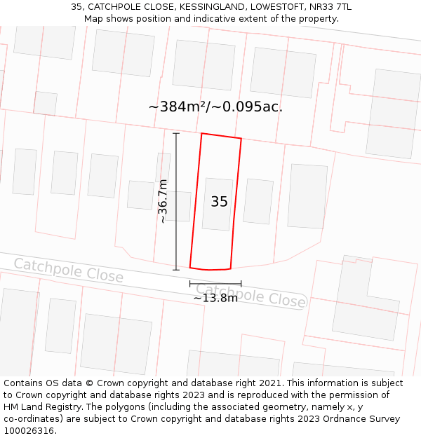 35, CATCHPOLE CLOSE, KESSINGLAND, LOWESTOFT, NR33 7TL: Plot and title map