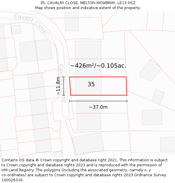 35, CAVALRY CLOSE, MELTON MOWBRAY, LE13 0SZ: Plot and title map