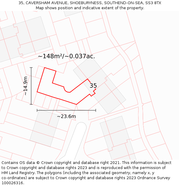 35, CAVERSHAM AVENUE, SHOEBURYNESS, SOUTHEND-ON-SEA, SS3 8TX: Plot and title map