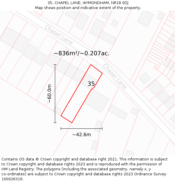 35, CHAPEL LANE, WYMONDHAM, NR18 0DJ: Plot and title map