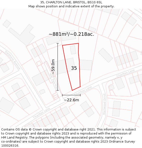 35, CHARLTON LANE, BRISTOL, BS10 6SL: Plot and title map