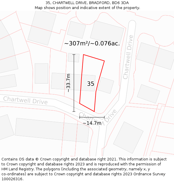 35, CHARTWELL DRIVE, BRADFORD, BD6 3DA: Plot and title map