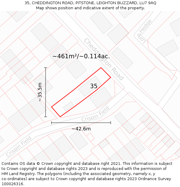35, CHEDDINGTON ROAD, PITSTONE, LEIGHTON BUZZARD, LU7 9AQ: Plot and title map