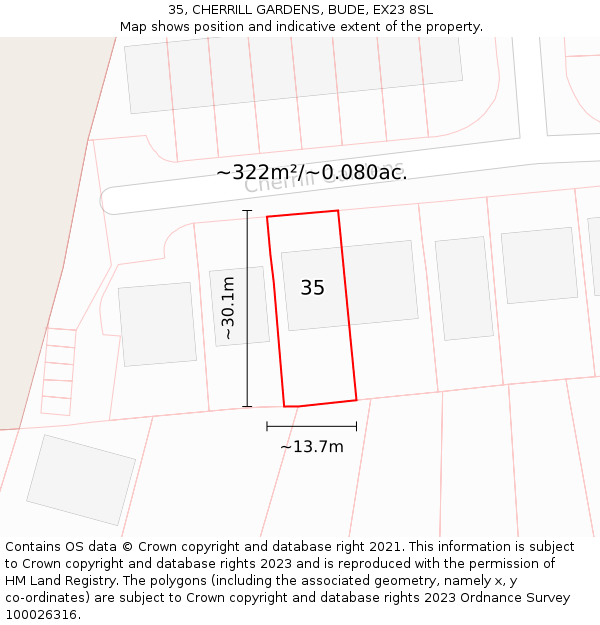 35, CHERRILL GARDENS, BUDE, EX23 8SL: Plot and title map