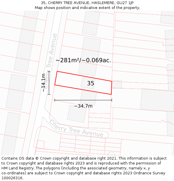 35, CHERRY TREE AVENUE, HASLEMERE, GU27 1JP: Plot and title map