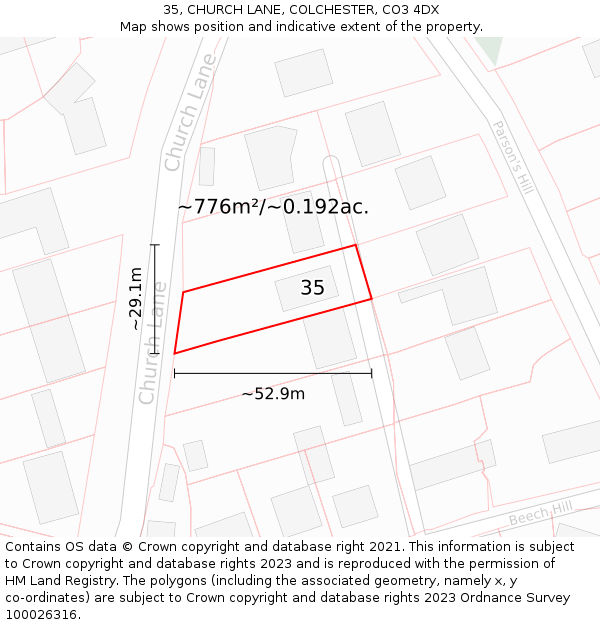 35, CHURCH LANE, COLCHESTER, CO3 4DX: Plot and title map