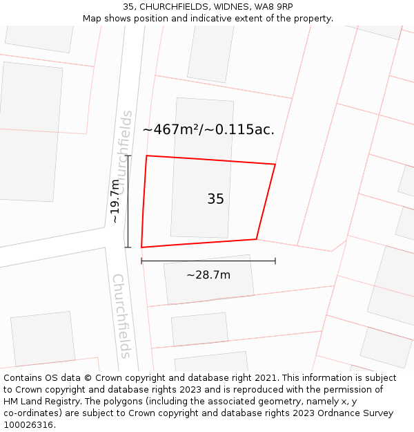 35, CHURCHFIELDS, WIDNES, WA8 9RP: Plot and title map