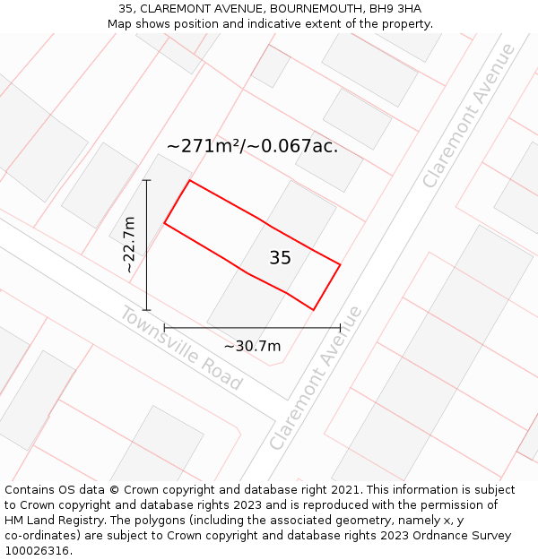 35, CLAREMONT AVENUE, BOURNEMOUTH, BH9 3HA: Plot and title map