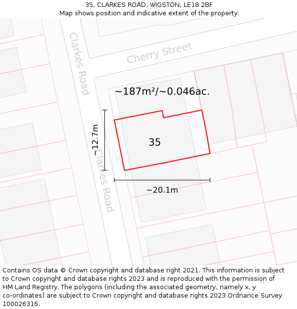 35, CLARKES ROAD, WIGSTON, LE18 2BF: Plot and title map