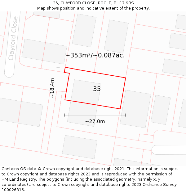 35, CLAYFORD CLOSE, POOLE, BH17 9BS: Plot and title map
