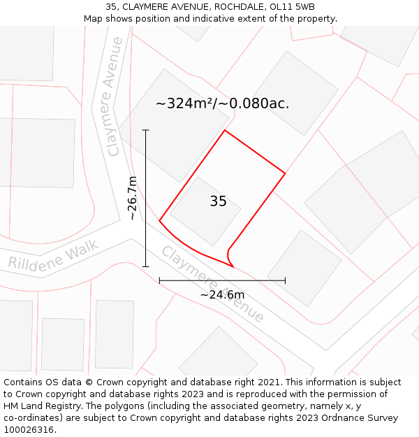 35, CLAYMERE AVENUE, ROCHDALE, OL11 5WB: Plot and title map