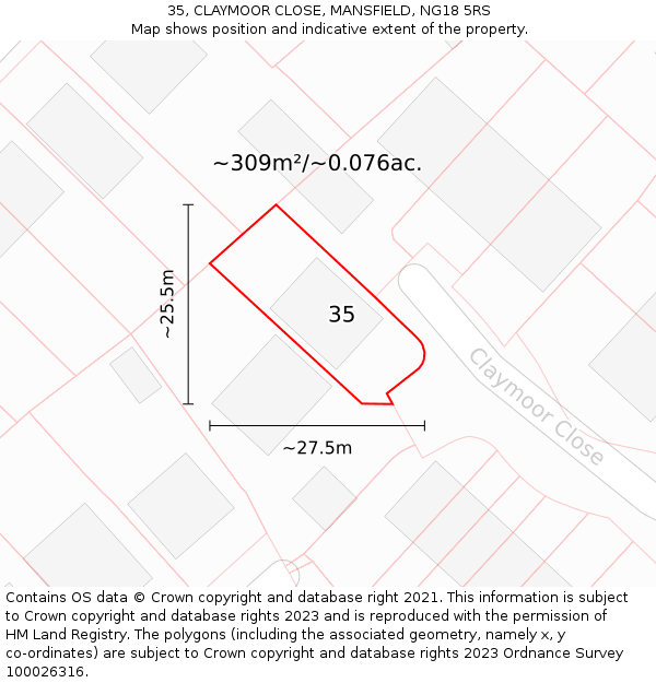 35, CLAYMOOR CLOSE, MANSFIELD, NG18 5RS: Plot and title map