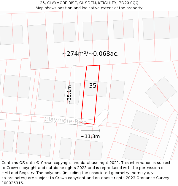 35, CLAYMORE RISE, SILSDEN, KEIGHLEY, BD20 0QQ: Plot and title map