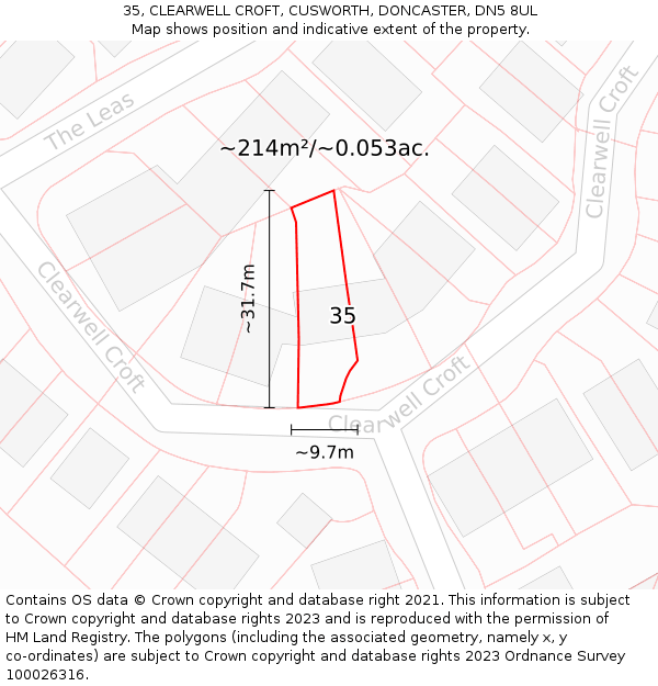 35, CLEARWELL CROFT, CUSWORTH, DONCASTER, DN5 8UL: Plot and title map