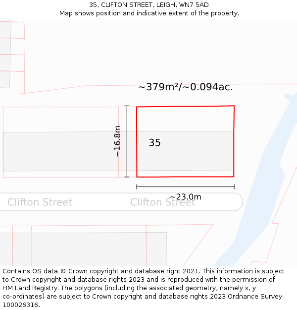 35, CLIFTON STREET, LEIGH, WN7 5AD: Plot and title map