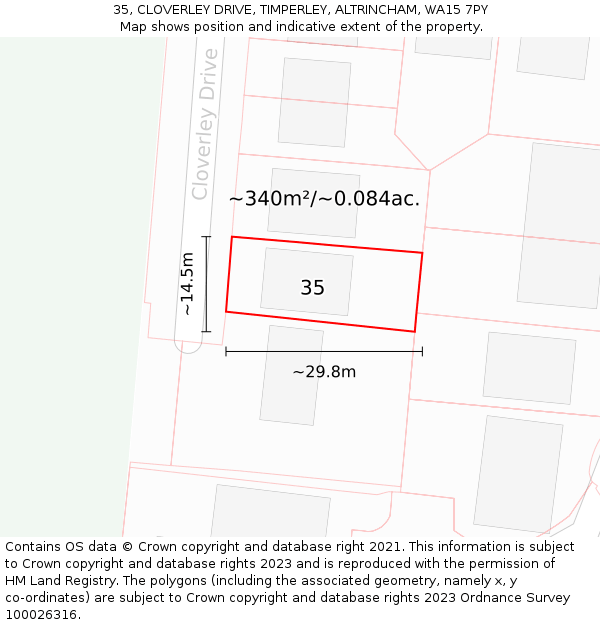 35, CLOVERLEY DRIVE, TIMPERLEY, ALTRINCHAM, WA15 7PY: Plot and title map