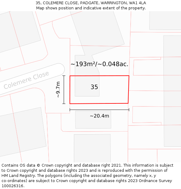 35, COLEMERE CLOSE, PADGATE, WARRINGTON, WA1 4LA: Plot and title map