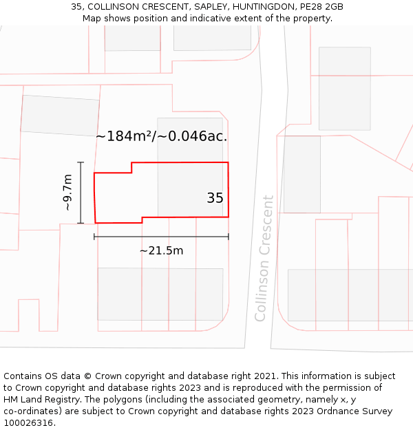 35, COLLINSON CRESCENT, SAPLEY, HUNTINGDON, PE28 2GB: Plot and title map
