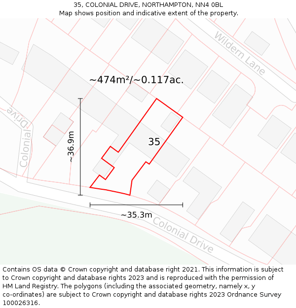35, COLONIAL DRIVE, NORTHAMPTON, NN4 0BL: Plot and title map