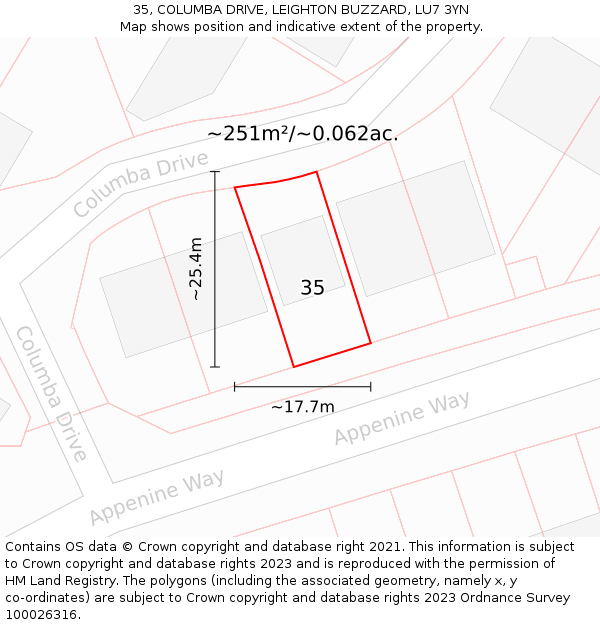 35, COLUMBA DRIVE, LEIGHTON BUZZARD, LU7 3YN: Plot and title map