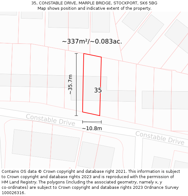 35, CONSTABLE DRIVE, MARPLE BRIDGE, STOCKPORT, SK6 5BG: Plot and title map