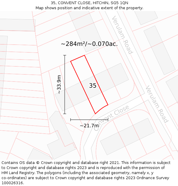 35, CONVENT CLOSE, HITCHIN, SG5 1QN: Plot and title map