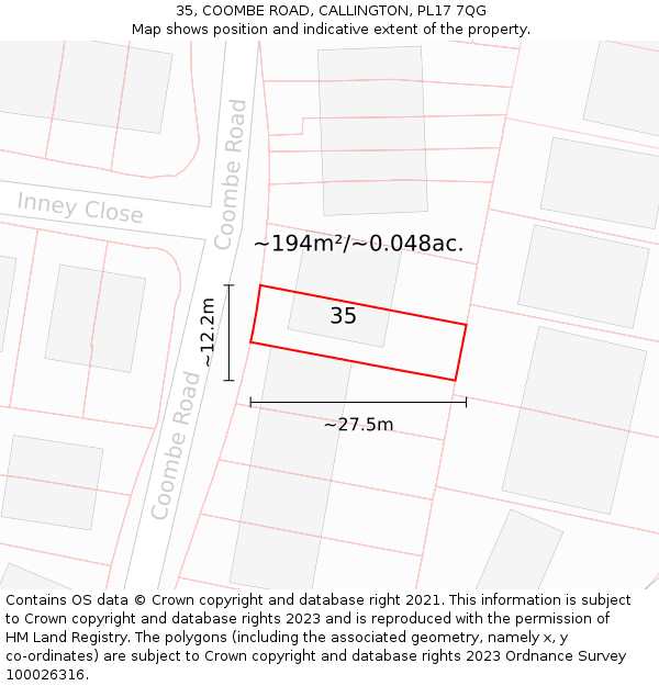 35, COOMBE ROAD, CALLINGTON, PL17 7QG: Plot and title map