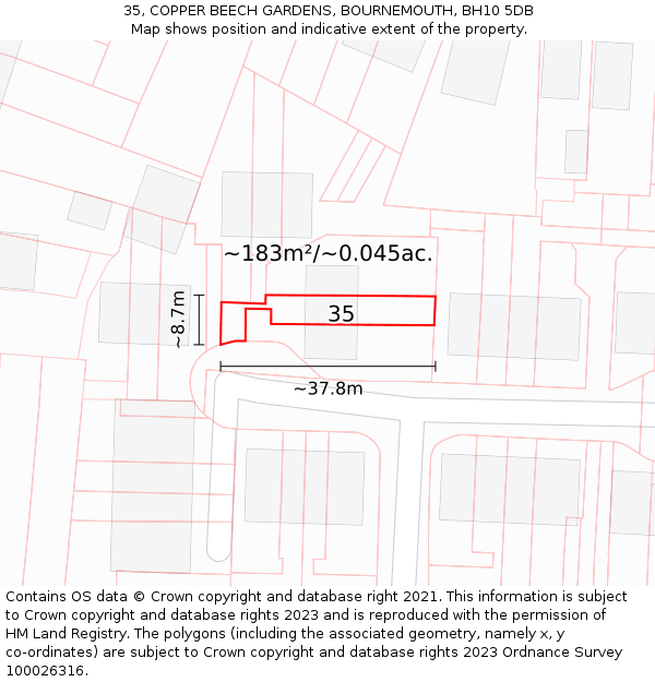 35, COPPER BEECH GARDENS, BOURNEMOUTH, BH10 5DB: Plot and title map