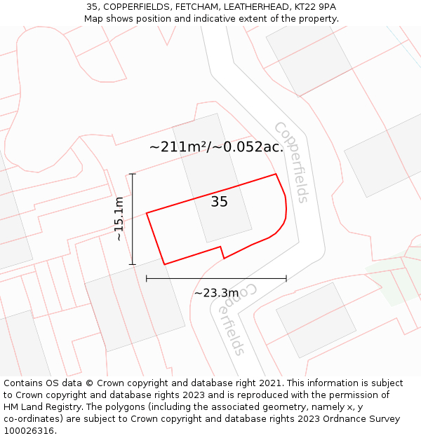 35, COPPERFIELDS, FETCHAM, LEATHERHEAD, KT22 9PA: Plot and title map