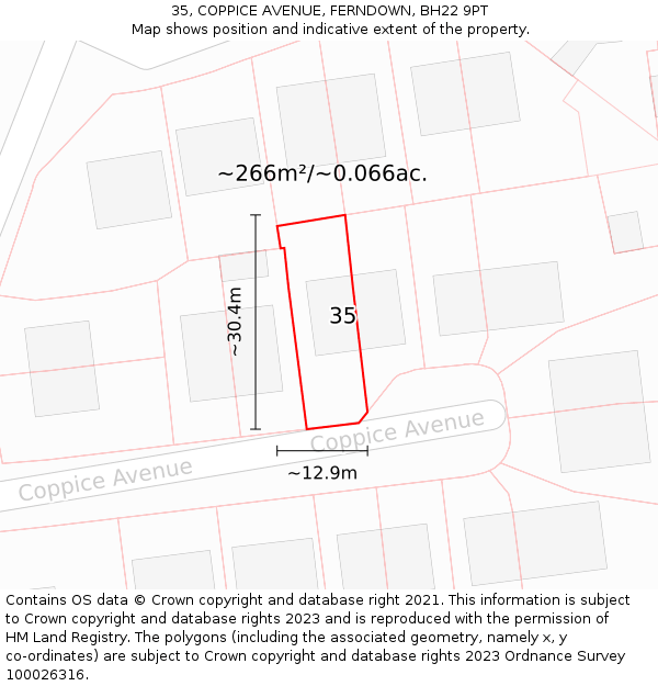 35, COPPICE AVENUE, FERNDOWN, BH22 9PT: Plot and title map