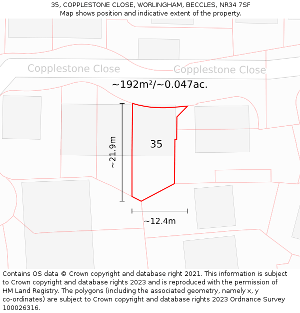 35, COPPLESTONE CLOSE, WORLINGHAM, BECCLES, NR34 7SF: Plot and title map